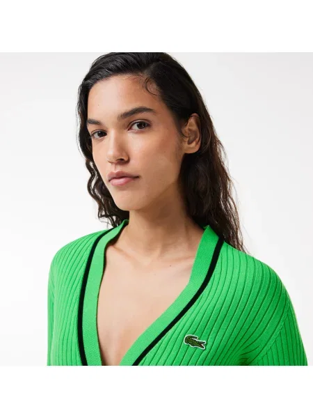 Lacoste Kardigan Dekolt W Kształcie Litery V Prążkowana Dzianina 3D zielony