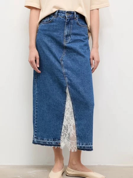 Answear.LAB spódnica jeansowa midi prosta niebieski