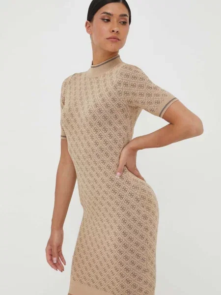 Sukienka o długości do kolan z dzianiny ze wzorem z logo model ‘LISE’ Guess brązowa