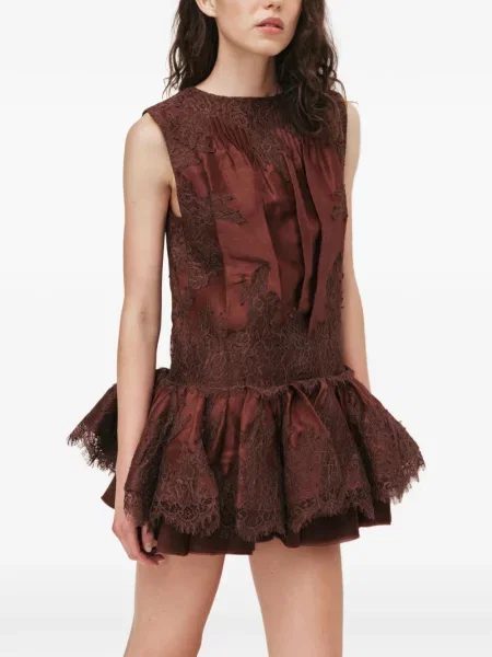 Rochie mini Aje cu volane din dantelă maro