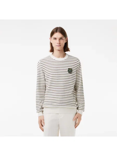 Lacoste Sweter Z Okrągłym Dekoltem I Bawełnianą Naszywką W Paski