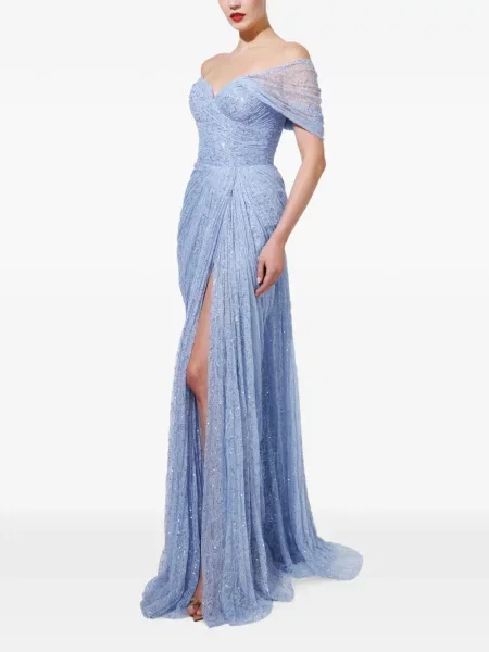 Rochie maxi Iris Serban cu paiete drapată albastru