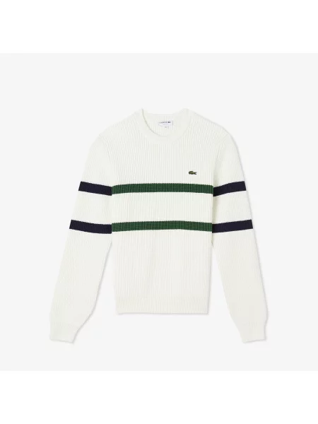 Lacoste Sweter W Paski Z Okrągłym Dekoltem I Luźnym Krojem biały