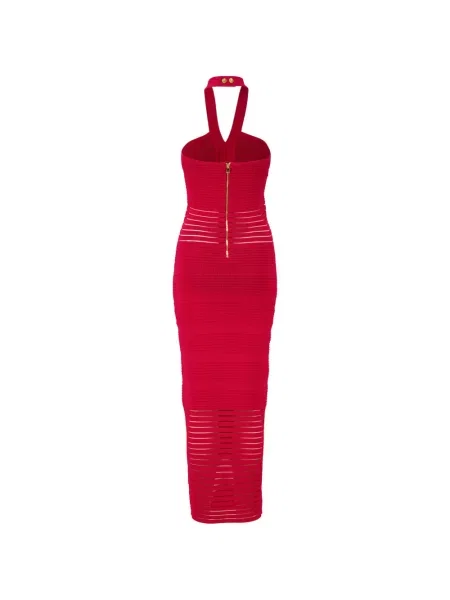 Rochie maxi Balmain ajurata cu gât halter roșu
