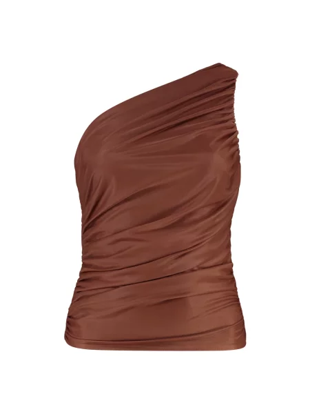 Top Pinko na jednym ramieniu tiulowy brązowy