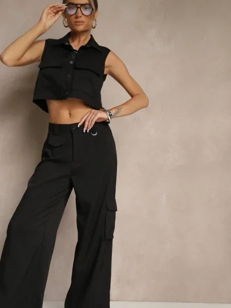 Set Vestă tip cămașă și Pantaloni cu croială largă stil cargo Zibelle negru