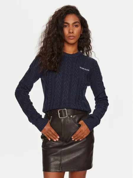 Пуловер с вълна Guess Jeans дамски тъмносиньо