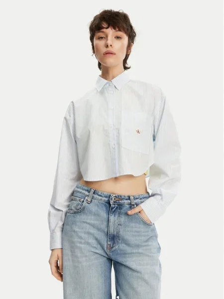 Риза Calvin Klein Jeans дамска със свободна кройка с класическа яка синьо