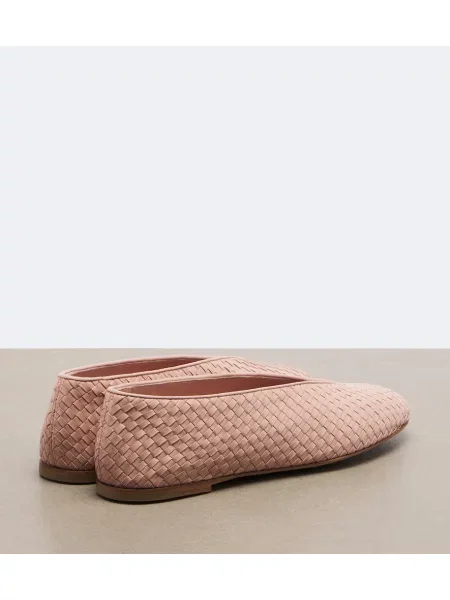 Kožené baleríny Bottega Veneta bez podpätku ružová