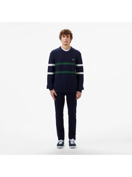 Lacoste Sweter W Paski W Kolorze Granatowym Luźny Krój Z Okrągłym Dekoltem granatowy