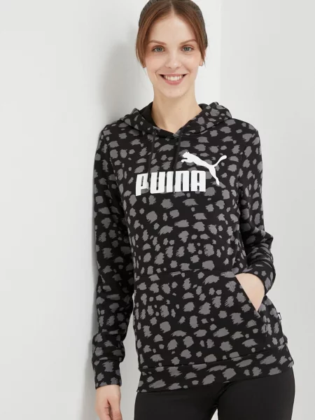 Суичър с качулка Puma с качулка с принт черно