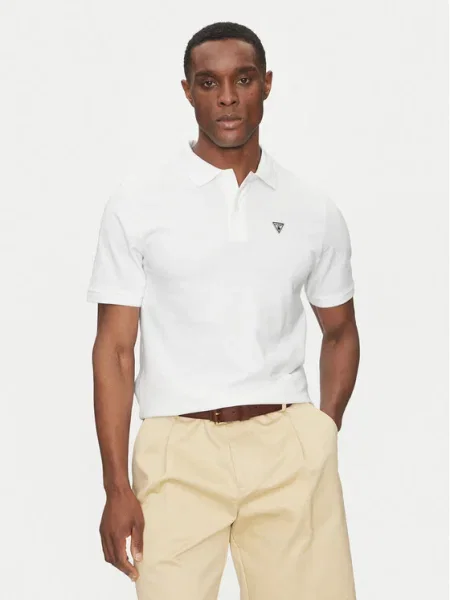 Тениска с яка Guess с изчистен дизайн бяло