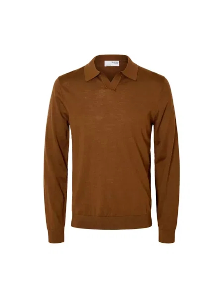 Koszulka polo o kroju regular fit z czystej wełny model ‘TRAY’ Selected Homme brązowa
