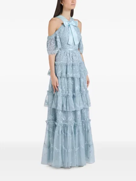 Rochie maxi Needle & Thread cu model floral cu volane albastru