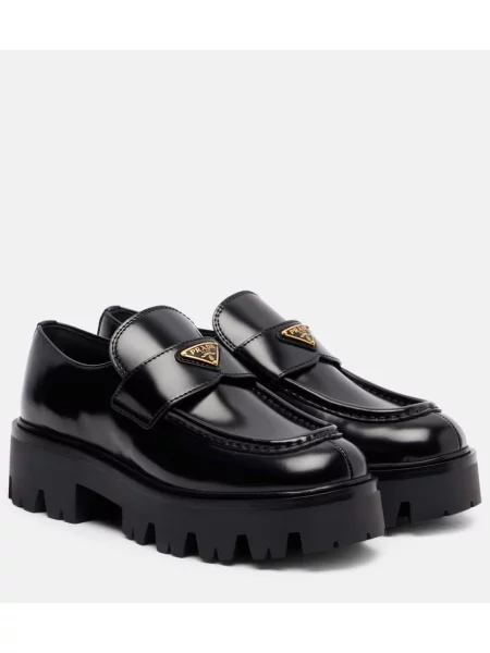 Usnjene loaferke Prada s platformo črna