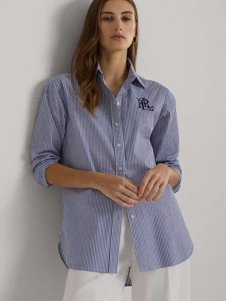 Риза Lauren Ralph Lauren дамска със свободна кройка с класическа яка синьо