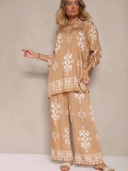 Komplet z Wiskozą Koszula i Spodnie Zdobione Etnicznym Printem Mepina brązowy