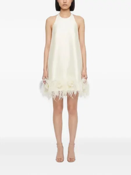 Tafta rochie mini Self-portrait cu pene galben
