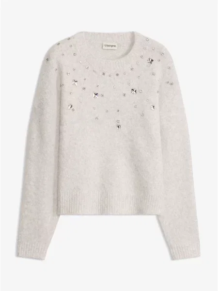 Sweter z aplikacją i domieszką wełny szary