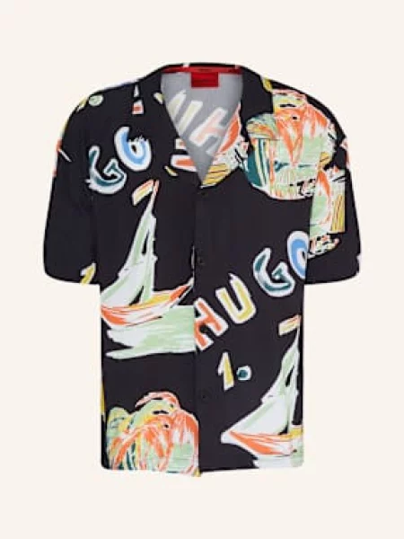 Hugo Košile Resort Relaxed Fit černá/ světle zelená/ oranžová černá