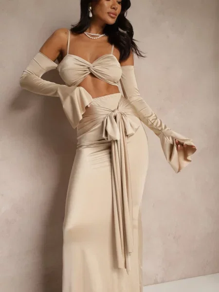 Komplet Dopasowana Spódnica z Trenem i Top z Rękawami z Falbanką Adivaria beżowy