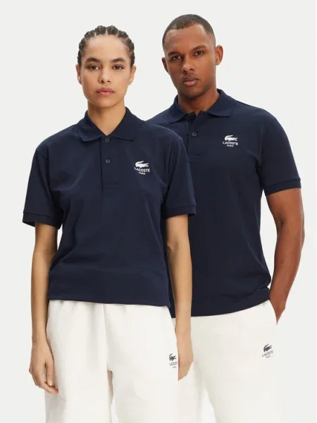 Тениска с яка Lacoste с принт тъмносиньо