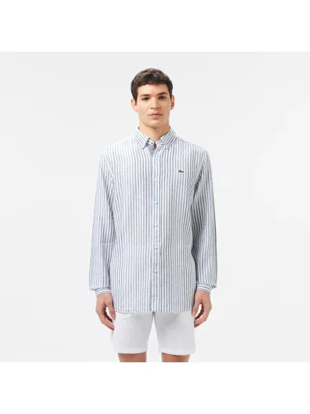 Lacoste Lniana Koszula W Paski Regular Fit Ciemnoniebieska niebieski