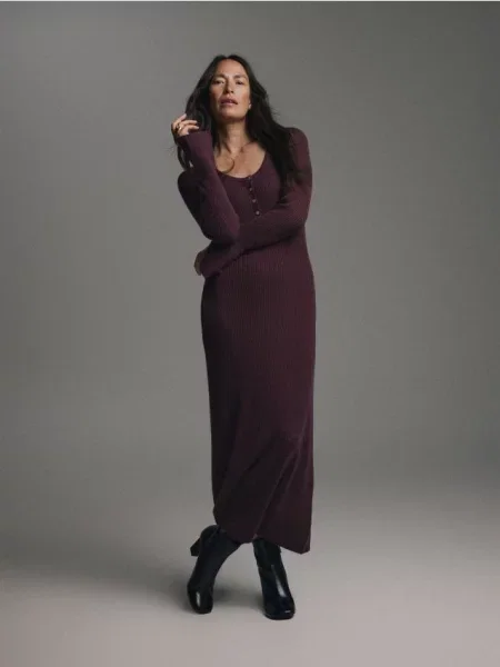 Reserved Rochie maxi cu amestec de lână bordo