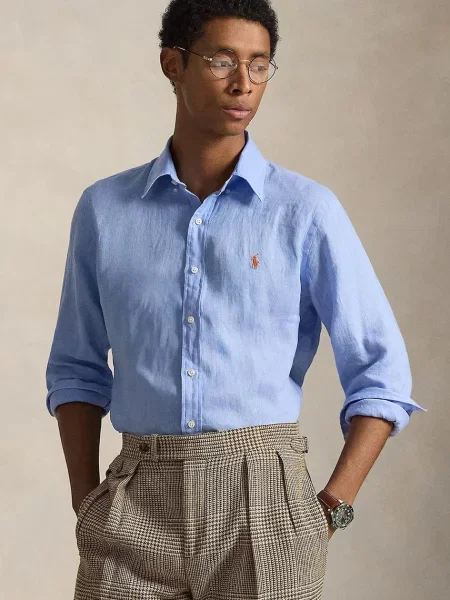 Lniana koszula z lnu Polo Ralph Lauren z długim rękawem niebieska