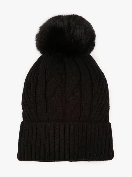 Czarna Czapka Typu Beanie Zdobiona Pomponem i Warkoczowym Splotem Ocieplana Futrem Zenedi