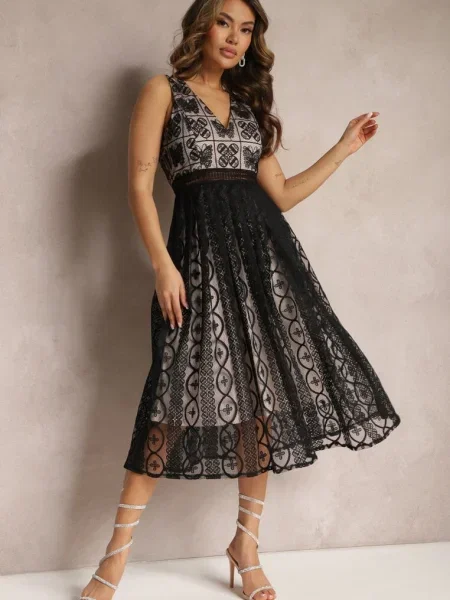 Rochie Pliată cu Bretele cu Model Ornamental și Mirilla neagră