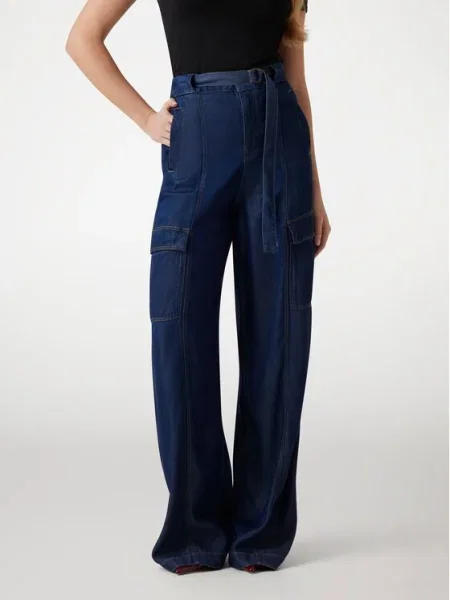 Guess Blugi Bleumarin Wide Leg albastru