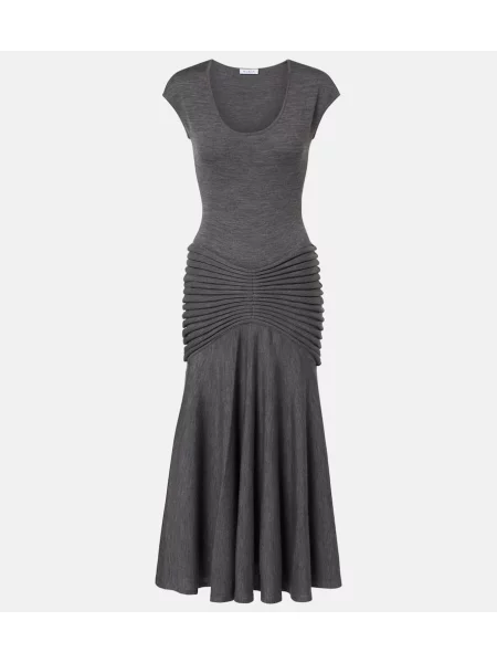 Rochie midi Alaïa de lână plisată până la genunchi gri