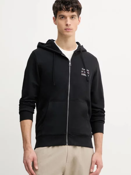 Bombažen pulover Tommy Hilfiger s kapuco črna