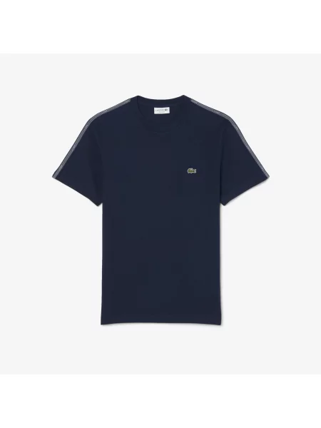 Lacoste Koszulka Z Grubej Bawełny Z Paskiem Logo granatowa