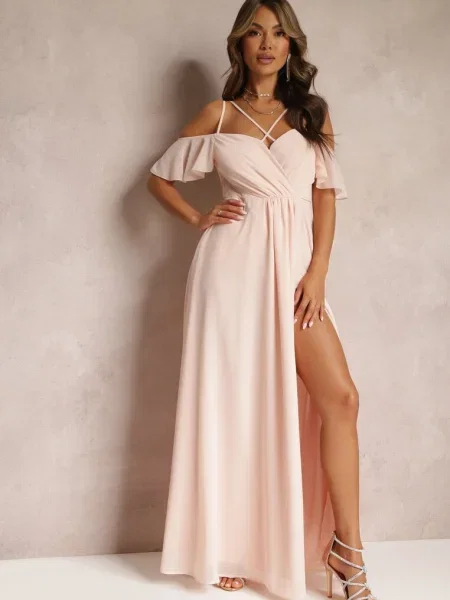 Rochie Burwenă maxi petrecută cu bretele subțiri roz