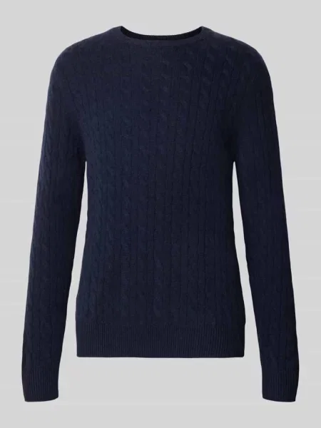 Sweter z dzianiny z czystego kaszmiru w warkoczowy wzór krój slim fit Christian Berg Men granatowy