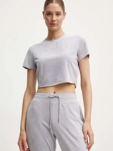 Guess Velurové tričko COUTURE fialové