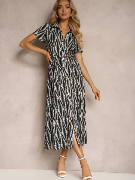 Rochie Cămașă cu din și cu Imprimeu Geometric Usklea neagră