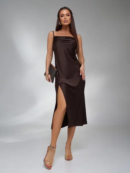 Сукня міді ISSA Plus темно-коричневий шовк коричнева