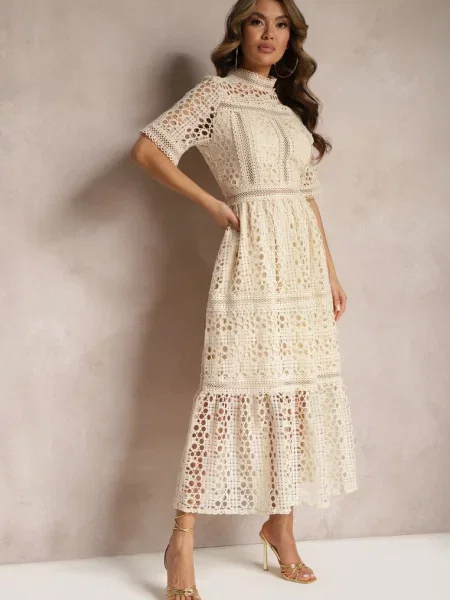 Rozkloszowana Sukienka Maxi Ażurowa z Falbanką Ranilette beżowa