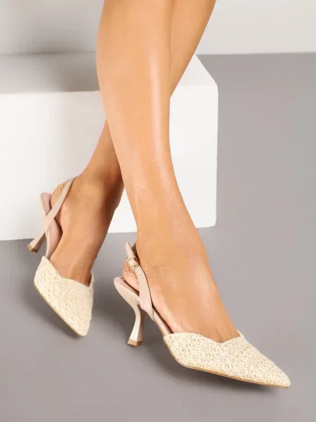 Sandały na Szpilce Typu Slingback z Plecioną Cholewką Tatelana beżowe