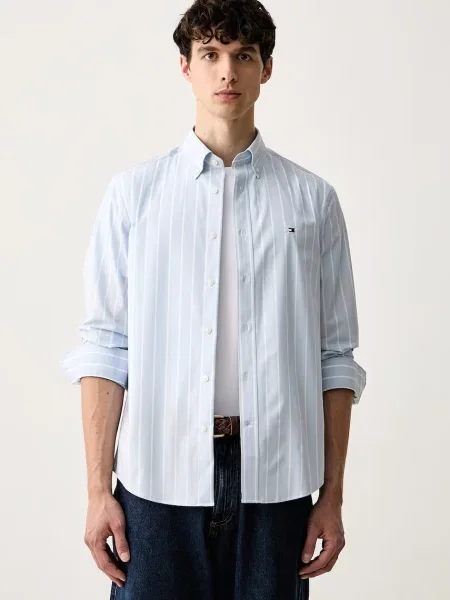 Cămașă Tommy Hilfiger cu dungi din poplin albastru