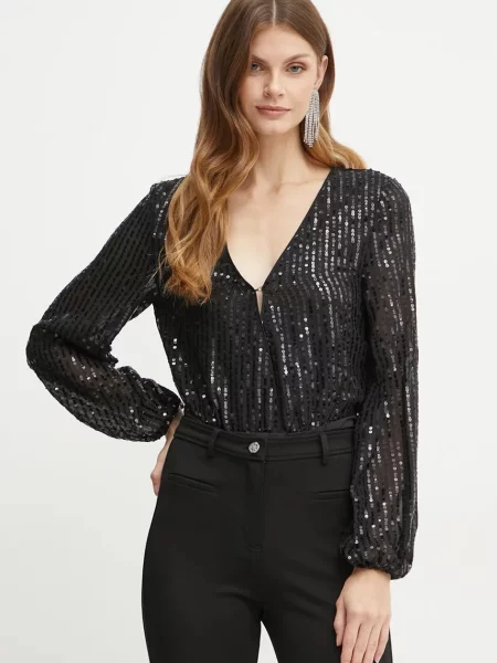 Bodi Bardot SEQUIN za žene s aplikacijom crna