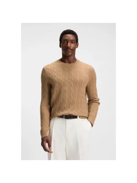 Sweter z dzianiny o kroju regular fit z mieszanki żywej wełny i kaszmiru model ‘HETICO’ Boss beżowy