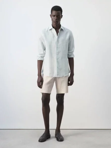 Koszula slim fit z lnu pastelowa zieleń Mężczyzna XS MANGO MAN