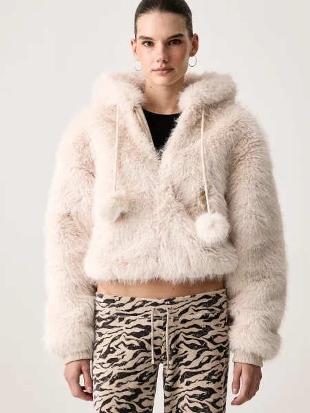 Geacă de tranziție Juicy Couture cu blană cu glugă bej