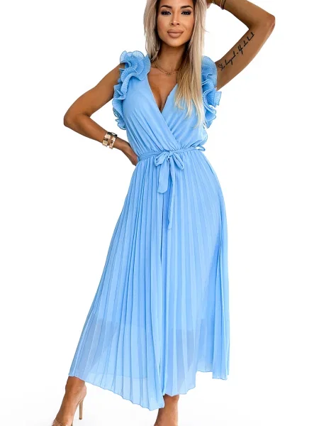 Plisirana midi obleka Numoco iz šifona z volani