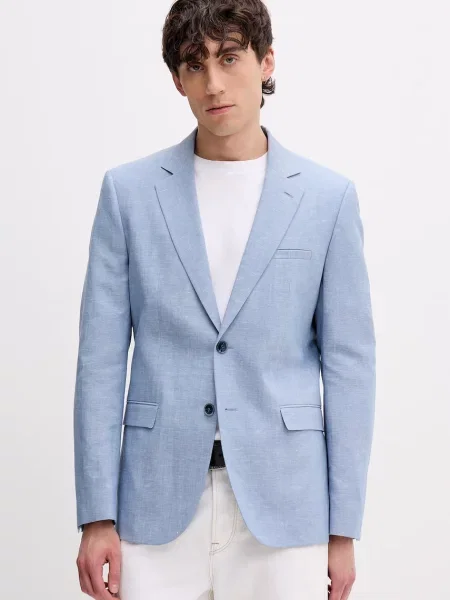 HUGO sacou cu un singur rând de bărbați cu amestec de in albastru