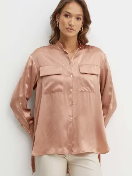 MAX&Co. camasa de matase cu guler stand-up relaxed roz